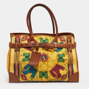 Pre Owned Ralph Lauren Yellow/Brown Leather and Nylon Equestrian Scarf Tote