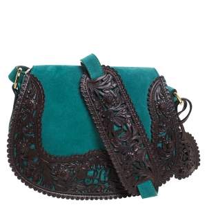 Pre Owned Ralph Lauren Turquoise Suede aand Leather Embroidered Saddle Bag