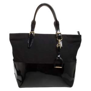 Pre Owned Ralph Lauren Black Patent Leather and Canvas Shopper Tote