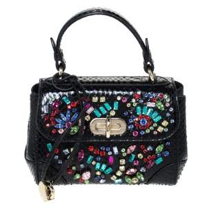 Pre Owned Ralph Lauren Black Python Mini Tiffin Crystal Embellished Top Handle Bag