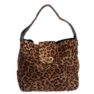 Pre Owned Ralph Lauren Beige Leopard Print Calfhair Hobo