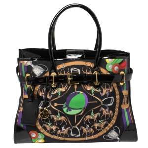 Pre Owned Ralph Lauren Black Printed Canvas and Patent Leather Buckle Tote