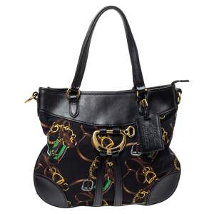 Pre Owned Ralph Lauren Black Equestrian Print Nylon and Leather Hobo