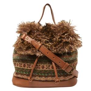 Ralph Lauren Multicolor Faux Fur Flap And Crochet Drawstring Bucket Bag