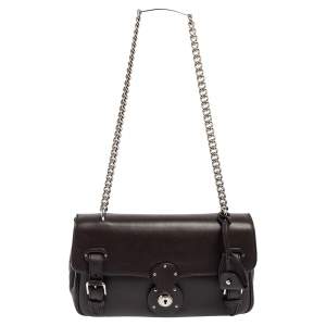 Pre Owned Ralph Lauren Dark Brown Leather Ricky ID Chain Shoulder Bag
