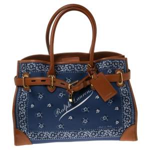 Ralph Lauren Navy Blue/Brown Printed Fabric and Leather Buckle Lock Tote