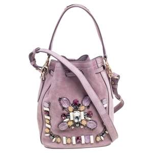 Pre Owned Ralph Lauren Purple Suede Crystal Embellished Drawstring Bucket Bag