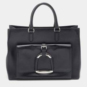 Pre Owned حقيبة يد رالف لورين جلد سوداء بشريط