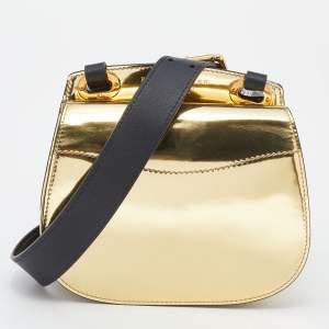 Pre Owned Ralph Lauren Metallic Gold/Black Leather Mini Saddle Bag