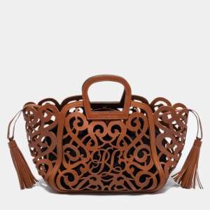 Ralph Lauren Brown Laser Cut Leather Small Vachetta Scroll Tote