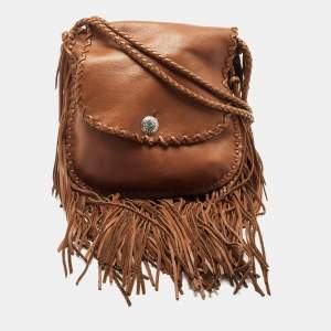 Pre Owned Ralph Lauren Brown Leather Fringe Flap Crossbody Bag