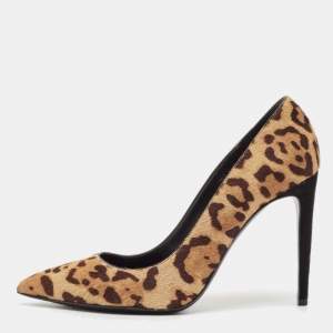 Ralph Lauren Brown Leopard Print Calf Hair Pointed Toe Pumps Size 38.5