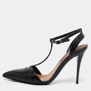 Ralph Lauren Black Leather and Patent Leather Ankle Strap  Pumps Size 37