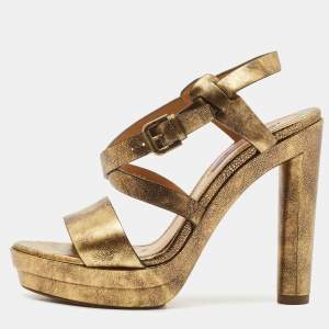 Ralph Lauren Metallic Gold Leather Estrid Platform Ankle Strap Sandals Size 39.5