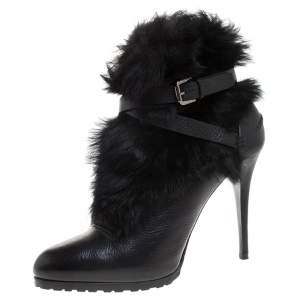 Pre Owned Ralph Lauren Black Leather and Faux Fur Vivian Ankle Boots Size 40