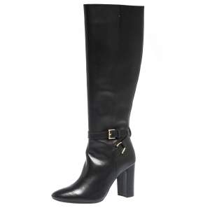 Pre Owned Ralph Lauren Black Leather Buckle Strap Knee Boots Size 37