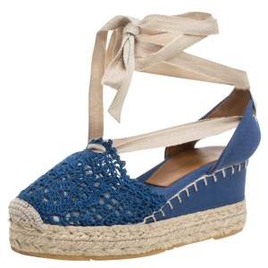 Pre Owned Ralph Lauren Blue Crochet Fabric Uma Espadrille Wedge Ankle Wrap Platform Sandals Size 37