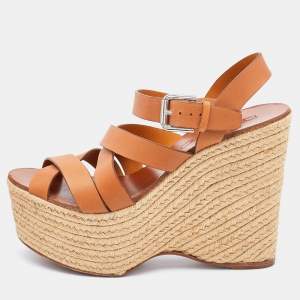 Pre Owned Ralph Lauren Brown Leather Wedge Platform Espadrille Sandals Size 38