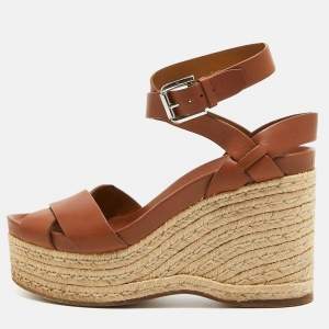 Pre Owned Ralph Lauren Brown Leather Espadrille Wedge Platform Ankle Strap Sandals Size 38