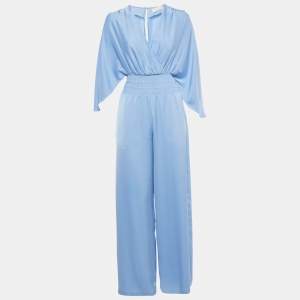 Pre Owned Ramy Brook Blue Satin Smocked V-Neck Jumpsuit XXS