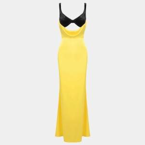 Pre Owned Rasario Yellow Velvet and Satin Cut-Out Maxi Dress XS