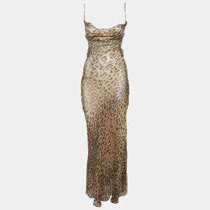 Rat & Bao Brown Leopard Print Silk Cowl Neck Semi Sheer Dress S
