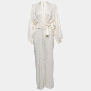 Pre Owned Rat & Bao Ivory Leopard Pattern Satin Kimono Jumpsuit S