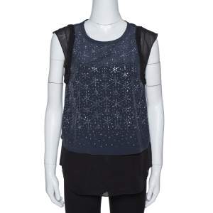 Pre Owned Rebecca Taylor Navy Blue Silk Crystal Studded Sleeveless Top M 