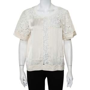 Pre Owned Rebecca Taylor Cream Satin & Lace Paneled Roundneck Top L