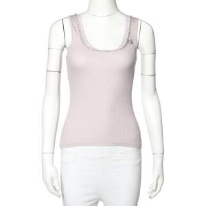 مملوكة مسبقًا Rebecca Taylor Lilac Rib Knit Lace Trim Embellished Neck Detail Tank Top S 