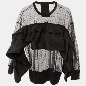 Pre Owned RED Valentino Black Pointelle Tulle & Taffeta Ruffled Top XS