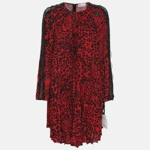 Pre Owned RED Valentino Red Animal Print Stretch Crepe and Lace Long Sleeve Top Dress M
