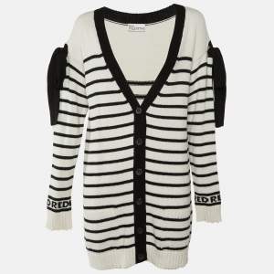مملوكة مسبقًا RED Valentino Ivory Striped Knit Bow Detail Cardigan M 
