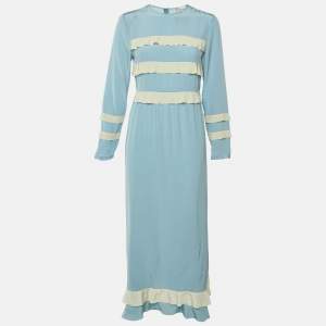 مملوكة مسبقًا RED Valentino Blue & White Silk Ruffled Maxi Dress M