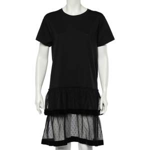 RED Valentino Black Cotton And Mesh Hem Detailed T-Shirt Dress L