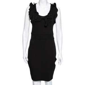 Pre Owned RED Valentino Black Knit Bow Detail Ruffle Trimmed Dress L