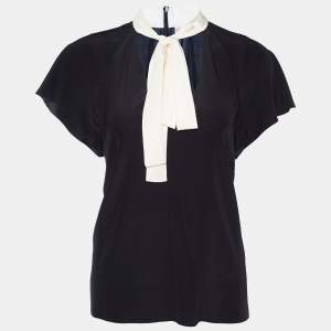 RED Valentino Black Silk Contrast Neck Tie Detail Top M