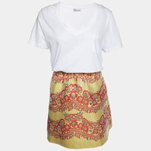 RED Valentino White Cotton Knit & Multicolor Lurex Jacquard Mini Dress L