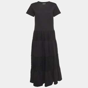 RED Valentino Black Lace Trimmed Abito Jersey Tiered Maxi Dress S