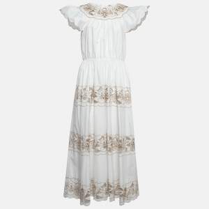 Pre Owned RED Valentino White Embroidered Poplin Tiered Maxi Dress M