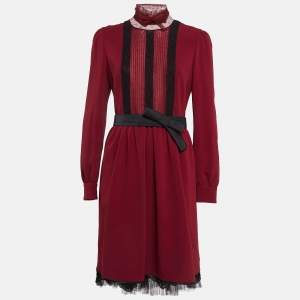 Pre Owned RED Valentino Burgundy Tulle Trim Crepe Flared Midi Dress M