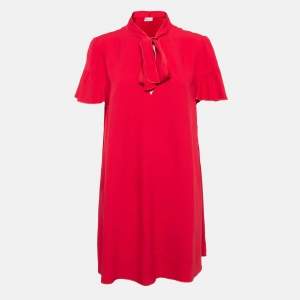 RED Valentino Red  Crepe Tie-Up Neck Ruffled Mini Dress M