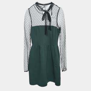 RED Valentino Green/Black Jersey and Lace High Neck Mini Dress L