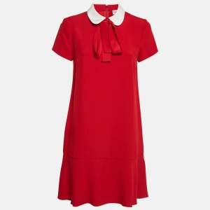 Pre Owned RED Valentino Red Sateen Peter Pan Bow Collar Mini Dress S