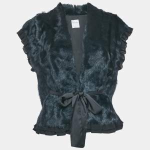 RED Valentino Navy Blue Real Fur Ruffle Detail Belted Vest M