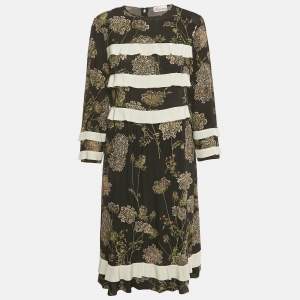 Pre Owned RED Valentino Black Floral Print Silk Frill Detail Midi Dress M