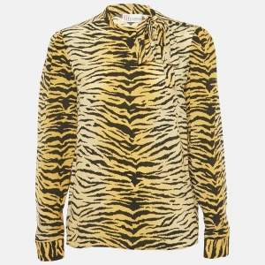 Pre Owned RED Valentino Yellow /Black Tiger Print Silk Neck Tie Detail Top M