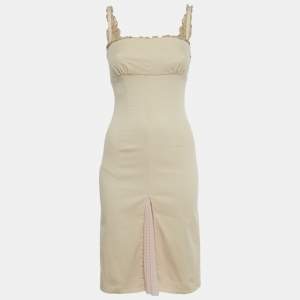 Pre Owned RED Valentino Beige Cotton Plisses Detail Sleeveless Midi Dress S