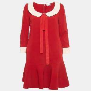 Pre Owned RED Valentino Red Crepe Collar Mini Dress M