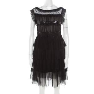 Pre Owned RED Valentino Black Tulle Embellished Sheer Yoke Detail Plisse Tiered Dress S